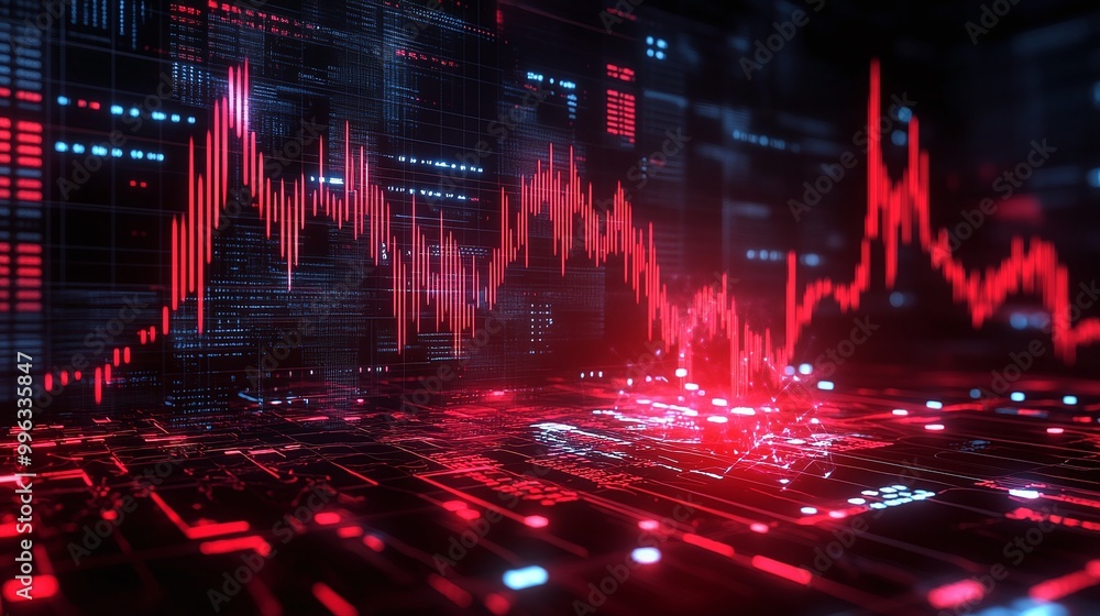 Poster abstract digital data visualization with red graphs and neon elements, representing financial trends
