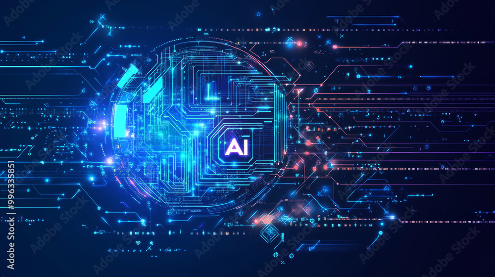 Poster artificial intelligence logo set against a futuristic technology background, featuring ai generative