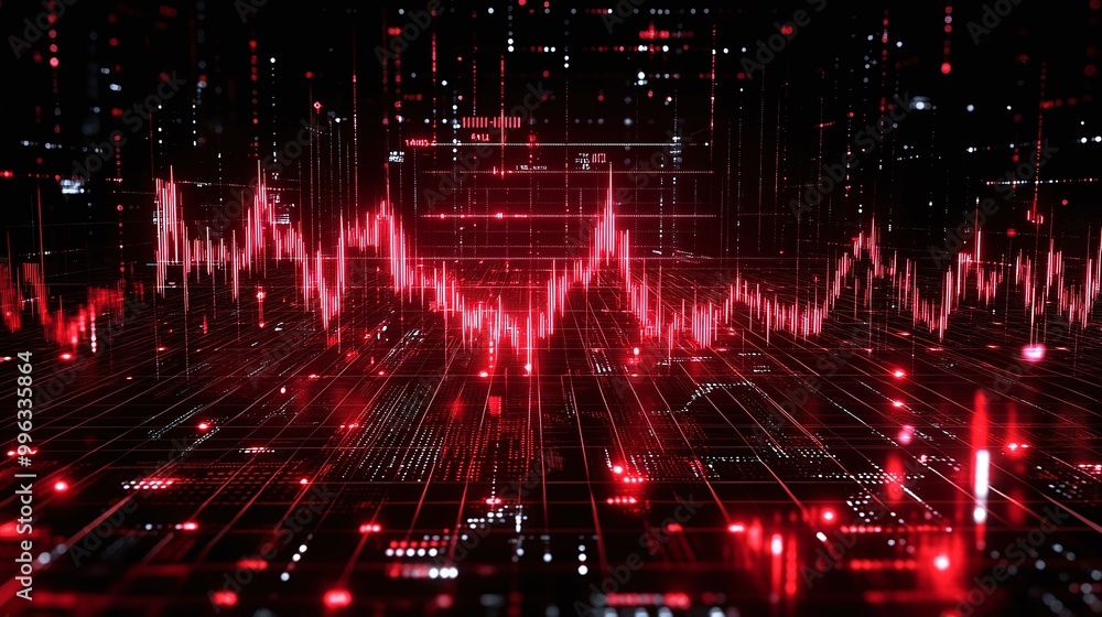 Poster abstract digital data visualization with red light waves and grid patterns, representing technology 