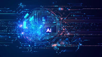 Obraz premium Artificial Intelligence logo set against a futuristic technology background, featuring AI generative technology concepts, neural networks, big data, and deep learning. Digital HUD elements and advance