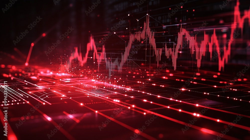 Poster abstract digital data visualization with red lines and graphs on a dark background.