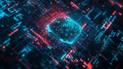 Obraz premium Artificial Intelligence logo set against a futuristic technology background, featuring AI generative technology concepts, neural networks, big data, and deep learning. Digital HUD elements and advance