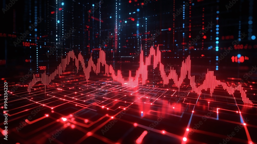 Poster abstract digital data visualization with red lines and glowing dots on a black background.