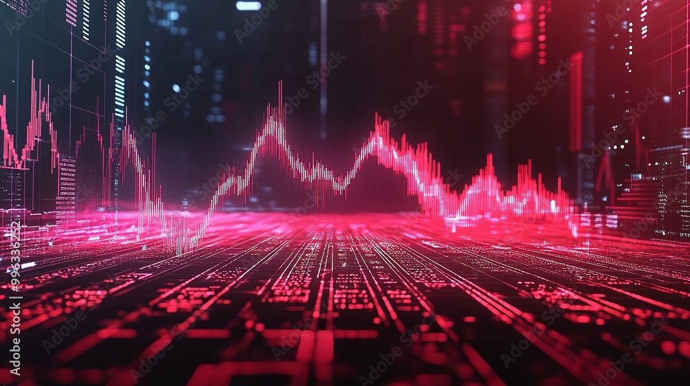 Poster abstract digital data visualization with red lines representing fluctuating trends on a dark backgro