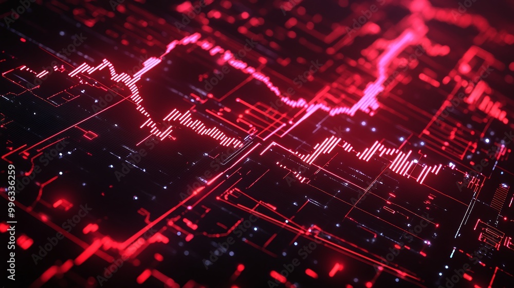 Poster abstract digital data visualization with red lines representing fluctuations in statistics over a da