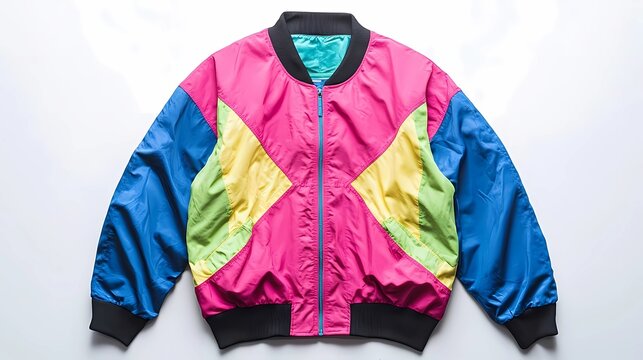 A retro 80s windbreaker jacket in neon pink, green, and blue, featuring bold color blocks, zippered front, and elastic cuffs, styled in a clean mockup with a white background