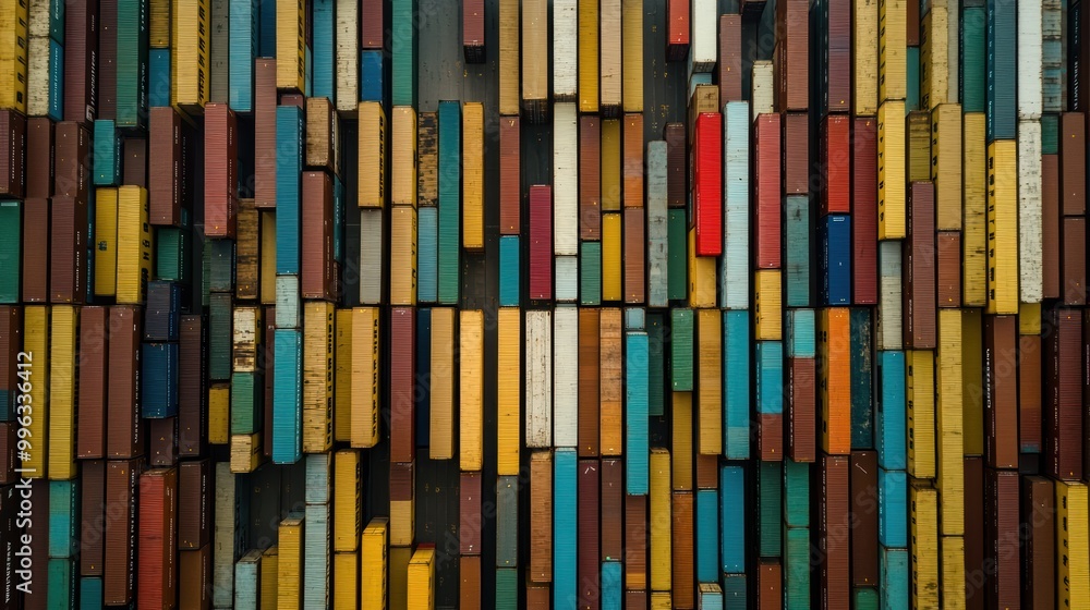 Poster aerial view of multicolored shipping containers forming abstract geometric pattern