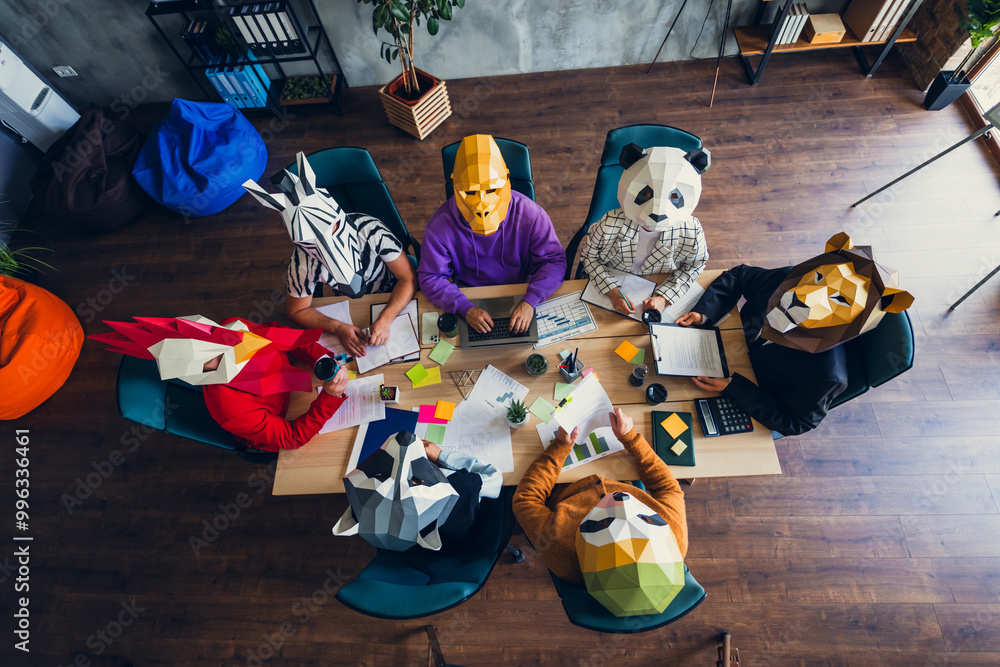 Wall mural high angle view photo of rooster gorilla lion sloth zebra raccoon mask people meeting desk loft inte