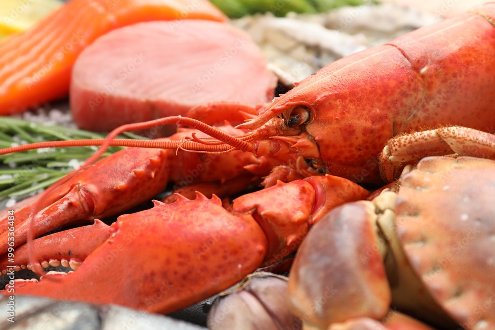 Sticker lobster and other sea food on table, closeup