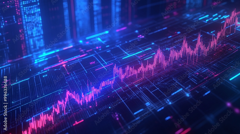 Poster abstract digital data visualization with vibrant colorful graphs and glowing lines on a dark backgro
