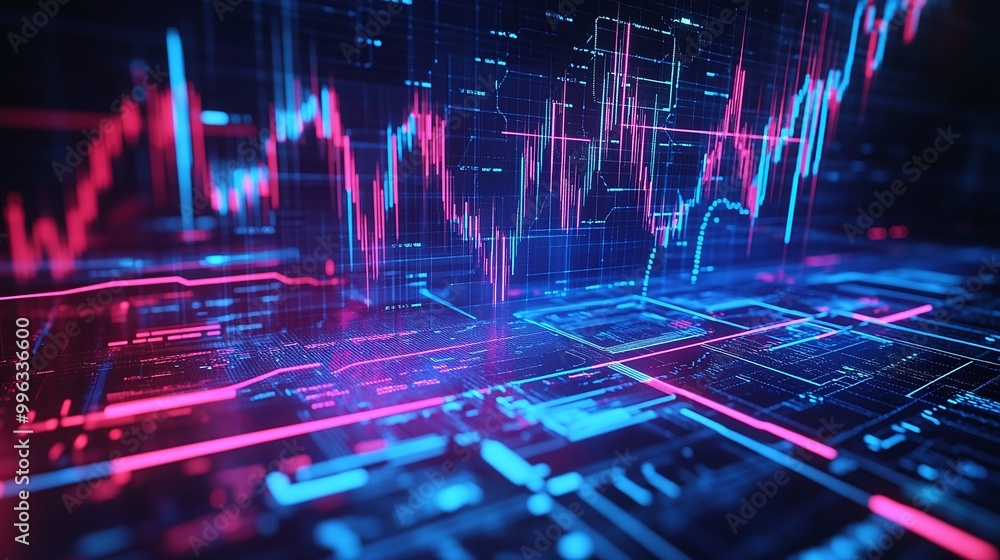 Poster abstract digital data visualization with vibrant colors, illustrating financial trends and analytics