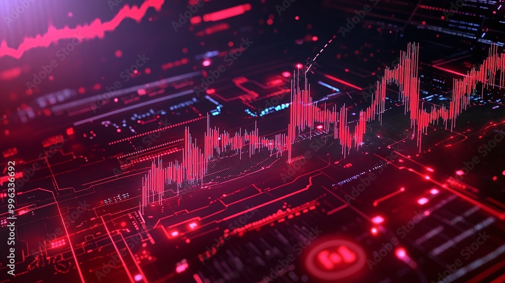 Poster abstract digital data visualization with vibrant colors, showcasing graph trends and analytics on a 
