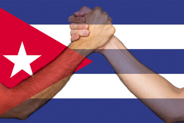 Two hands gathering front of Cuba flag, human rights, union of society, togetherness and solidarity 