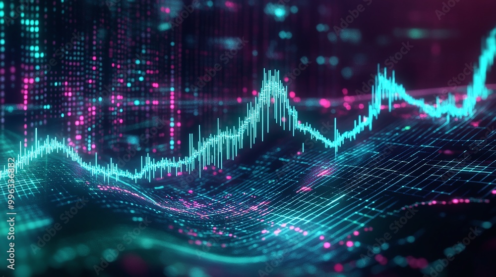 Poster abstract digital data visualization with vibrant colors and flowing lines representing analytics and