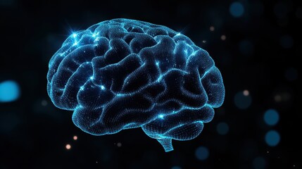 Obraz premium Illuminated digital brain with glowing neural connections, dark abstract background.
