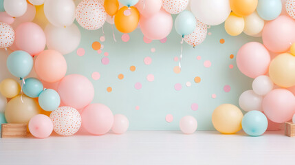 A vibrant and festive backdrop featuring an array of colorful balloons in pastel shades, creating cheerful atmosphere perfect for celebrations. playful arrangement includes polka dotted balloons and s