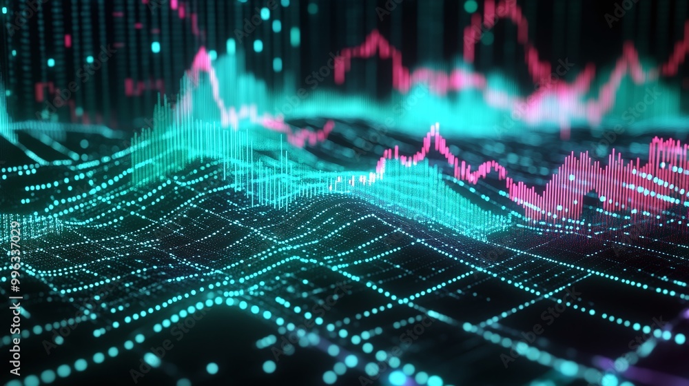 Poster abstract digital data visualization with vibrant colors and graph elements representing modern techn
