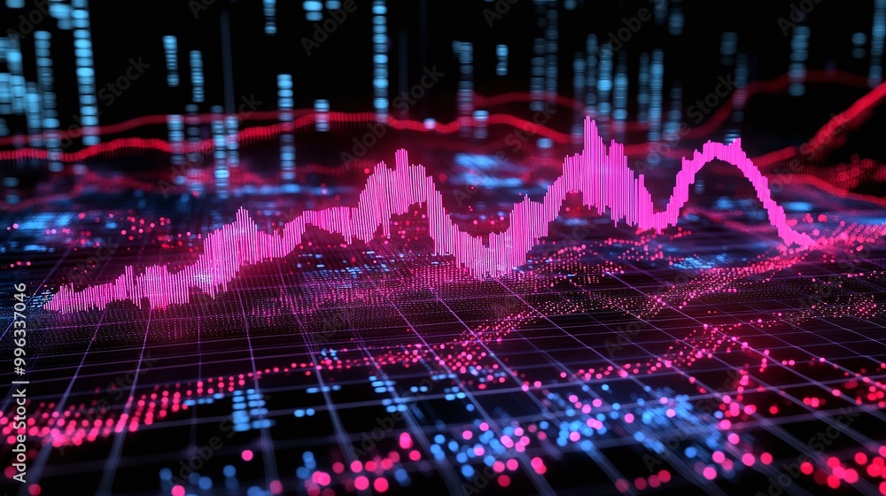 Poster abstract digital data visualization with vibrant colors and graph lines on a dark background.