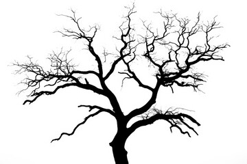 Fototapeta premium Black Silhouette of a lone tree with sprawling branches on a white background.