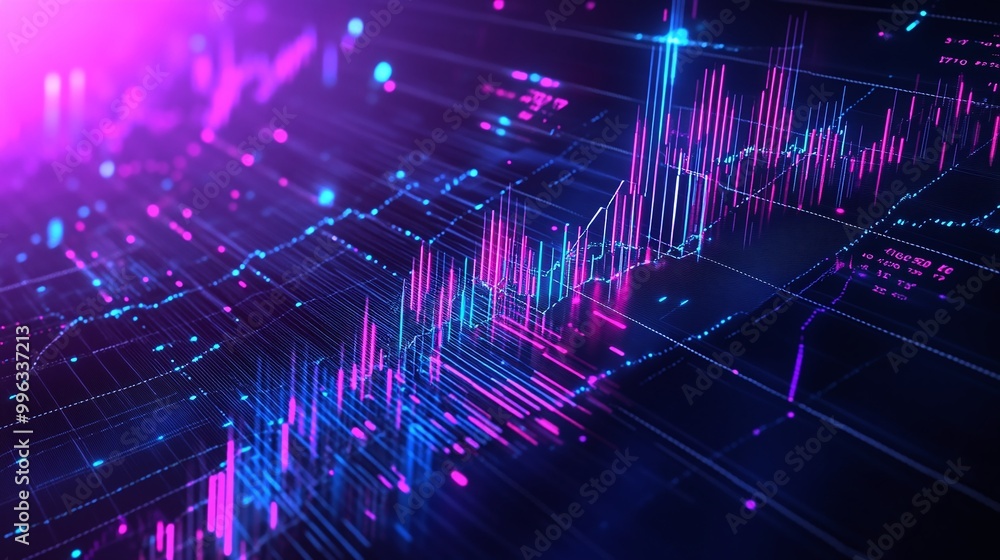 Poster abstract digital data visualization with vibrant colors and graph patterns against a dark background