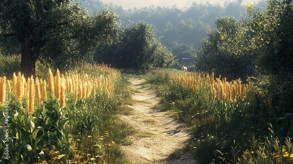 Wall mural Serene Forest Path with Golden Flowers