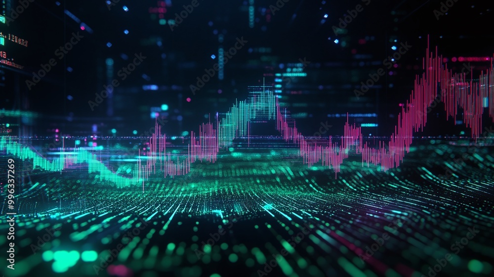 Poster abstract digital data visualization with vibrant colors and graph patterns, ideal for tech and finan