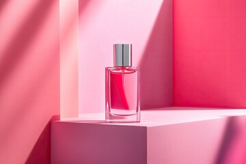 Perfume bottle on a pink background. This photo can be used for advertising, product mockups, or for branding purposes.