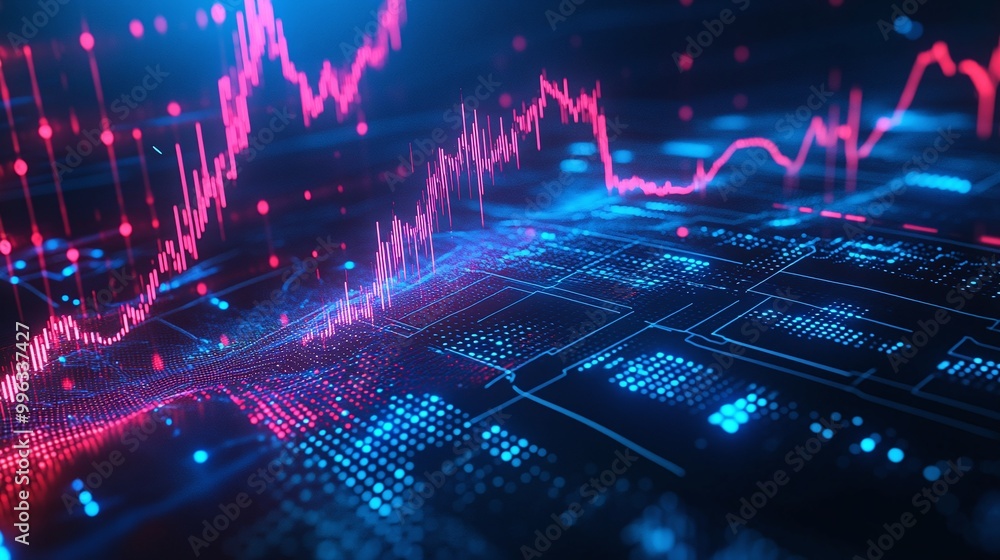 Poster abstract digital data visualization with vibrant colors and graphs representing financial trends.