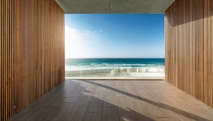 Balcony room with sea and beach view from the window. Modern interior with wooden slat wall panels and concrete tiles. Terrace mockup with sunlight. empty room with a window