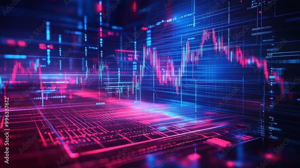 Poster abstract digital data visualization with vibrant colors showcasing financial graphs and trends.