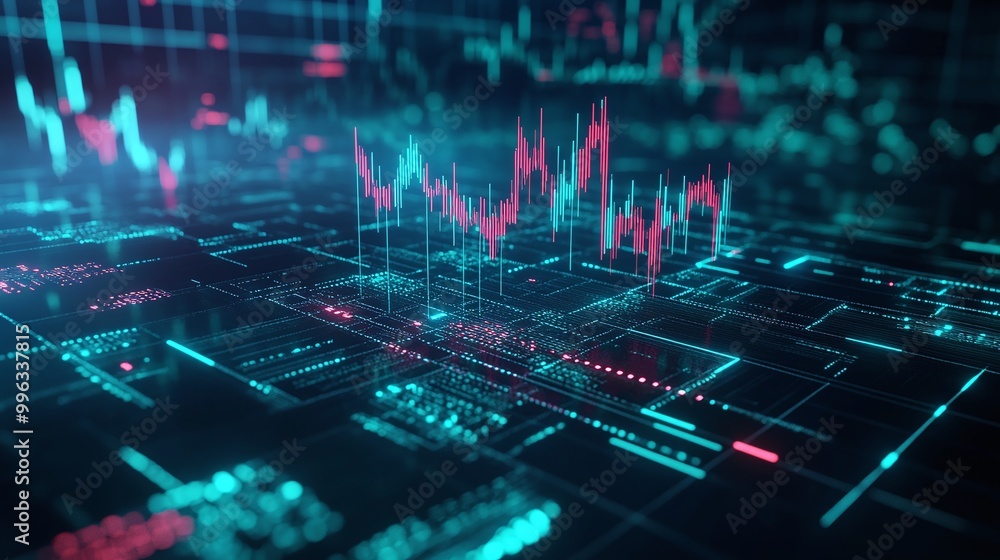 Poster abstract digital data visualization with vibrant graph lines and glowing grids on a dark background.