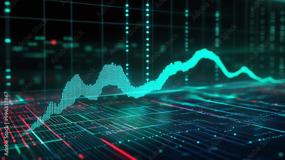 Poster abstract digital data visualization with vibrant graph lines and grid patterns, representing finance