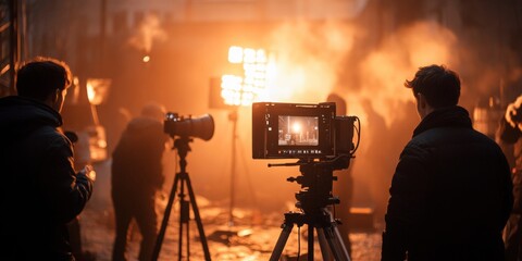 Producer fine-tuning set illumination, warm glow enhancing the scene, crew in soft focus collaborating behind the action