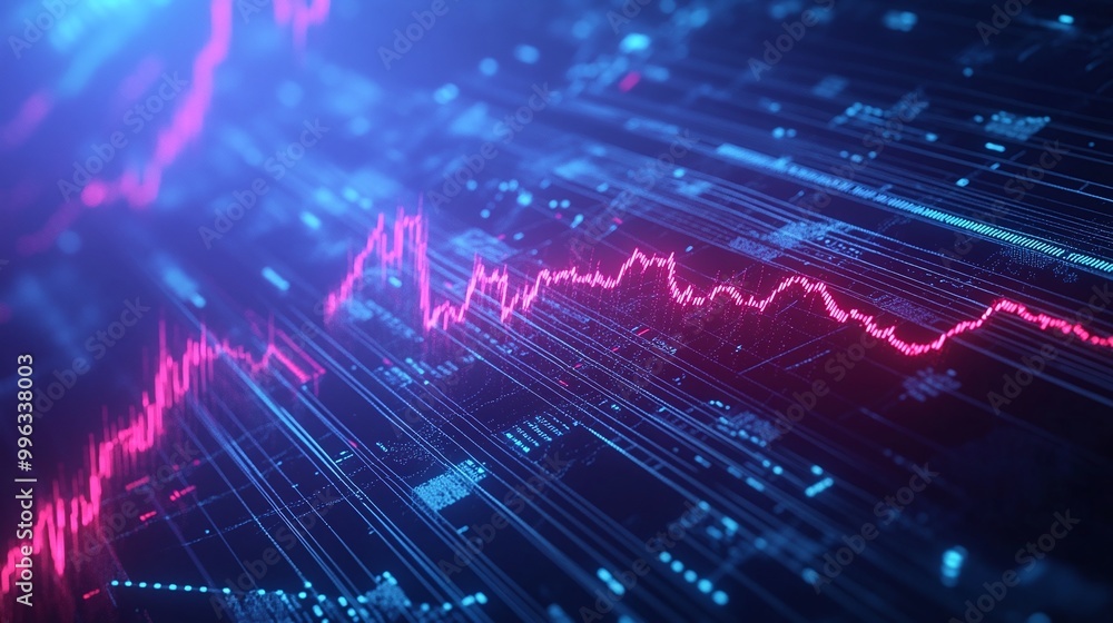 Poster abstract digital data visualization with vibrant graphics representing information flow and analysis