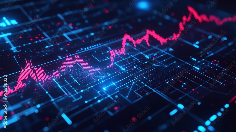 Poster abstract digital data visualization with vibrant graphs and network lines in blue and red hues.