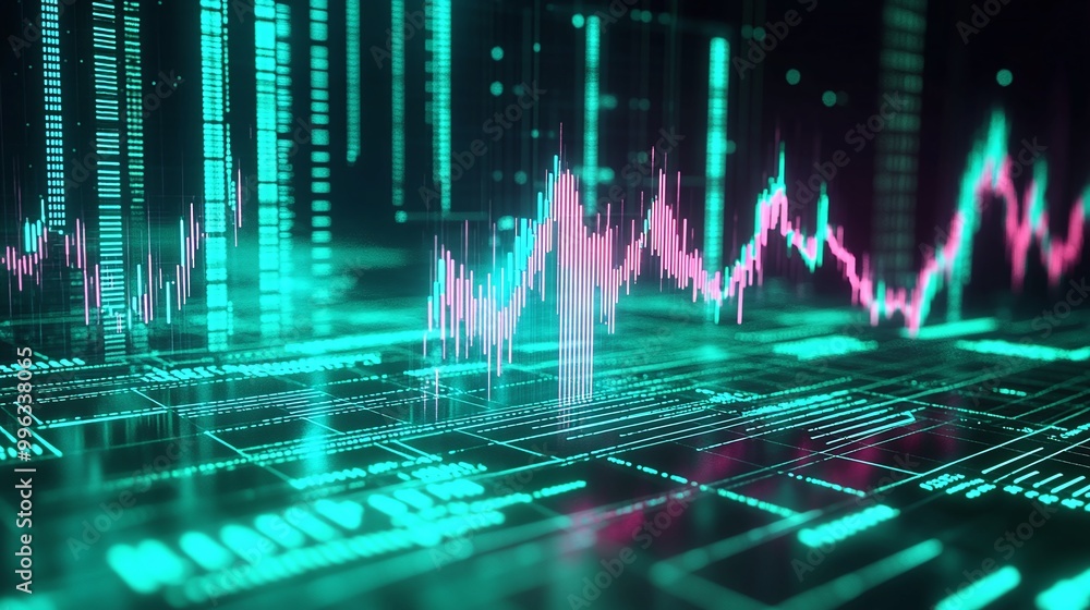 Poster abstract digital data visualization with vibrant graphs and futuristic patterns on a dark background