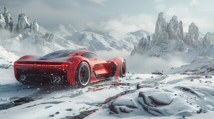 Futuristic modern luxury sports car with custom tuning in the snowy mountains