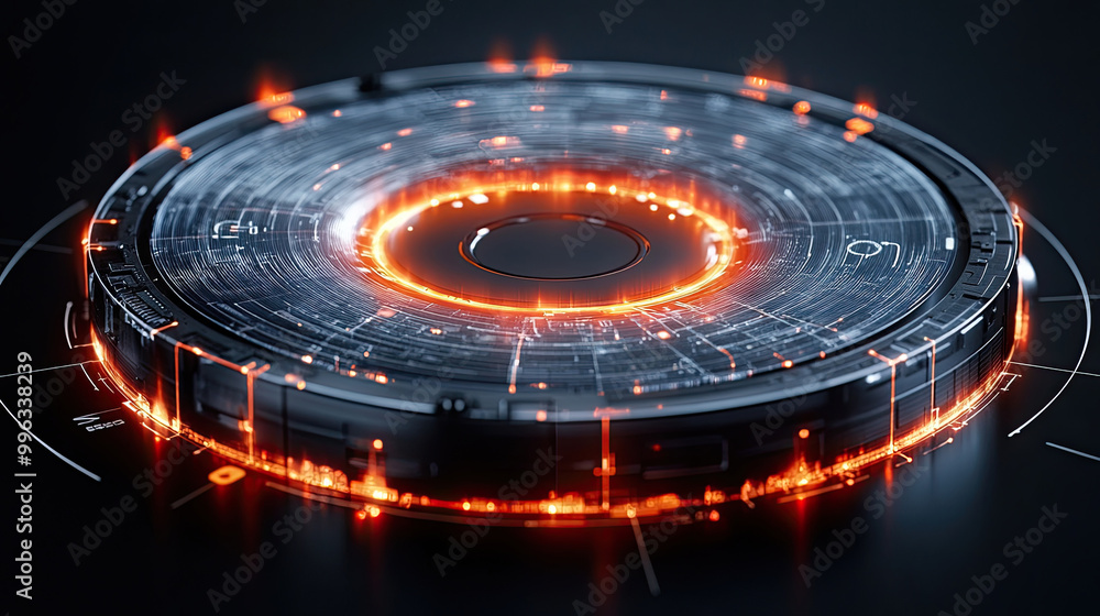 Poster a glowing circular interface features vibrant orange accents and detailed patterns, creating a futur