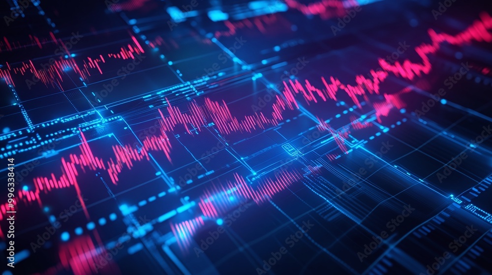 Poster abstract digital data visualization with vibrant lights and waveforms on a dark background.