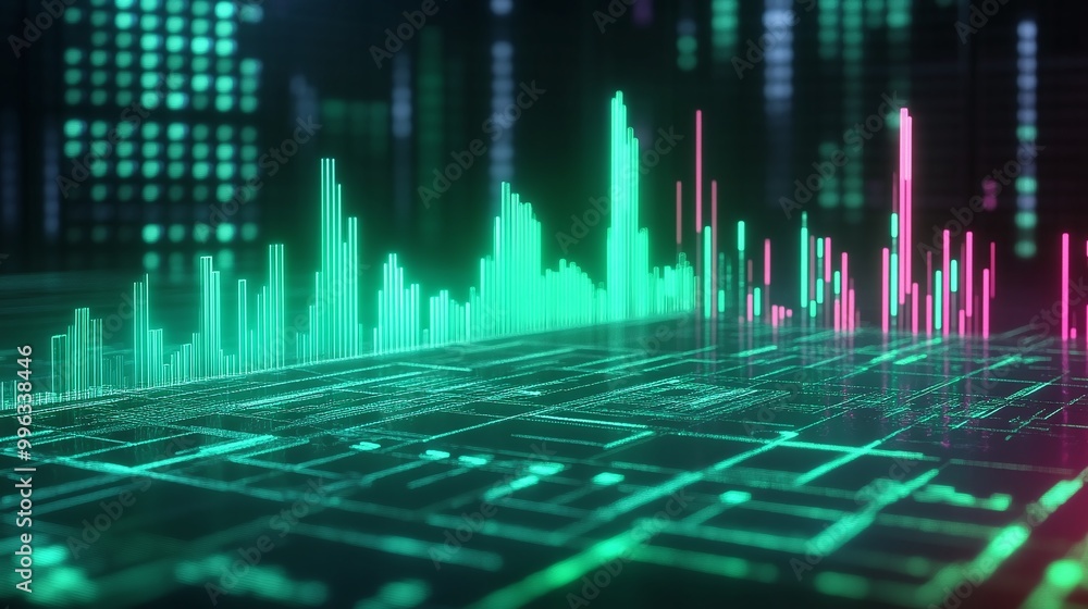Aufkleber abstract digital data visualization with vibrant lines and bars in green and pink colors on a dark b