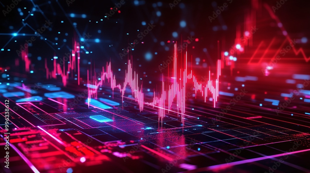 Poster abstract digital data visualization with vibrant lines and glowing elements in a futuristic setting.