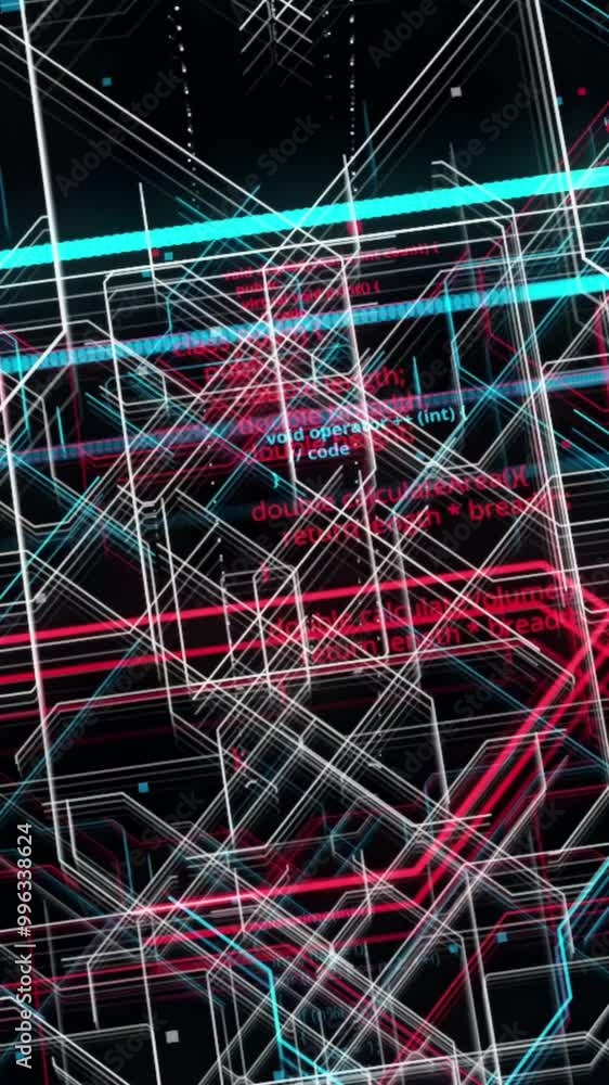 Poster technological high tech background of a complex tunnel made by colorful narrow lines. animation. flo