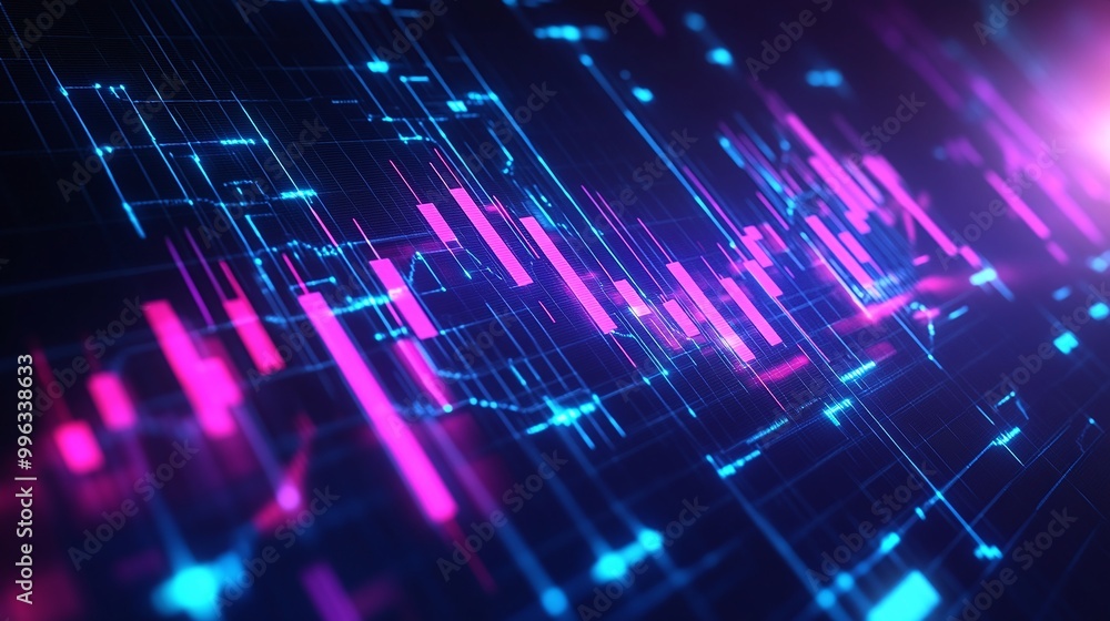 Poster abstract digital data visualization with vibrant lines and glowing elements on a dark background.
