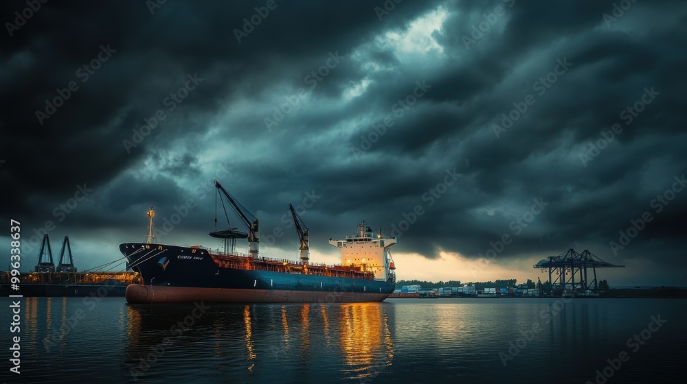 Poster large container ship docked at a busy port with approaching storm clouds
