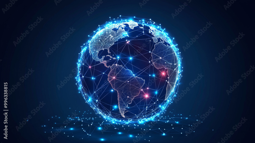 Poster global network connection concept. big data visualization depicting social network communication acr