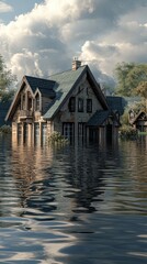Fototapeta premium A house partially submerged in water due to flooding, under a cloudy sky.
