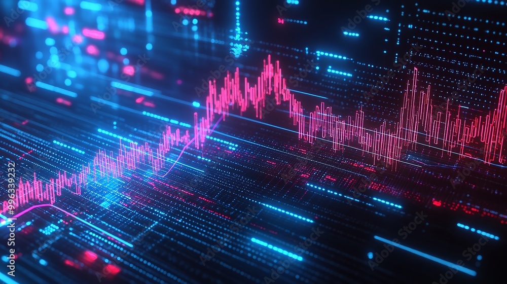 Poster abstract digital data visualization with vibrant pink and blue lines representing analytics and tech