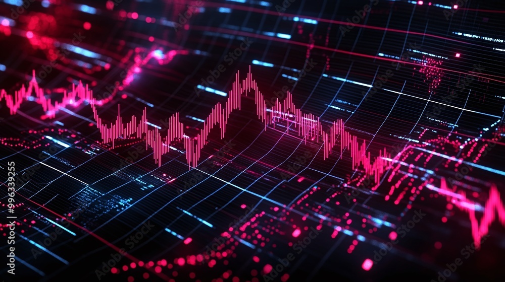 Poster abstract digital data visualization with vibrant pink and blue lines representing fluctuating statis