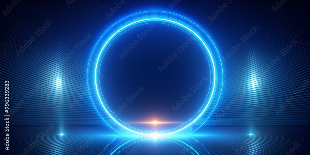 Poster abstract futuristic background of glowing blue neon circle round frame generative ai