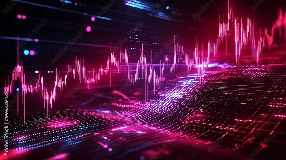 Poster abstract digital data visualization with vibrant pink and purple wave patterns representing technolo